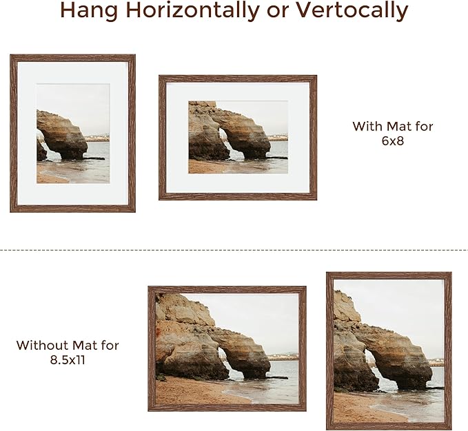 Picture Frame 8.5x11, Natural Oak Wood 8.5 x 11 Photo Frame, 8.5 by 11 Frame for Wall, 8.5x11 Picture Frame with Mat for 6x8, Tempered Real Glass, Walnut Color, Set of 1