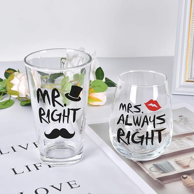 Mr. Right and Mrs. Always Right Stemless Wine Glass and Beer Glass, Funny Couple Set for Her Him Newlywed Couples - Ideal for Wedding Anniversary Valentines Birthday Christmas, 12Oz