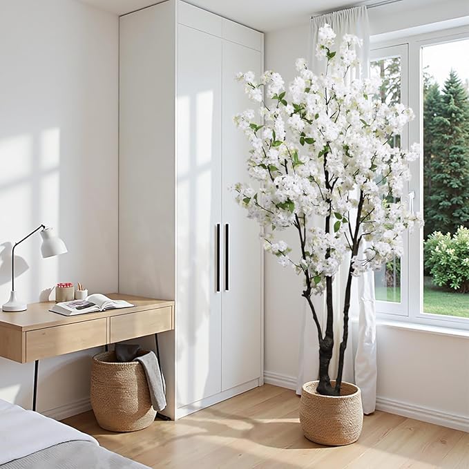 Artificial White Cherry Blossom Tree 6ft(72in) Faux Floor Green Plant for Indoor Decor Natural Potted Tree Realistic Cherry Flowers Wood Trunk for Home Living Room,Office Perfect Housewarming Gift