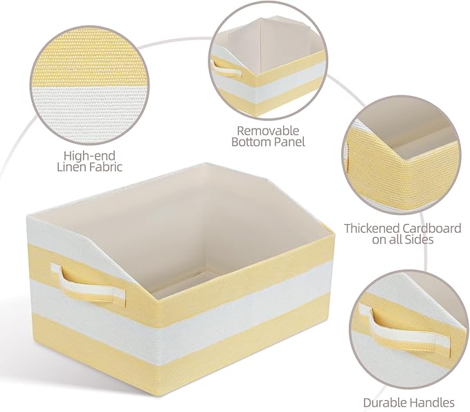 Linen Closet Organizers and Storage, Trapezoid Fabric Bins, Home Office Organization Baskets Striped Collapsible Box with Handles for Clothes, Blanket, Books, DVD, 4 Pack, Yellow/White