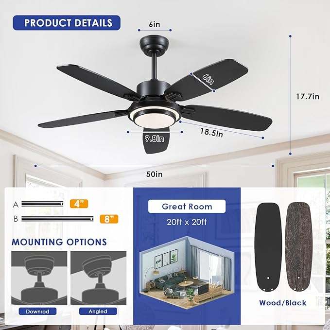 Ceiling Fan with Light and Remote/APP Control,50" Black Ceiling Fan with DC Reversible Motor, Quiet 6 Speeds Modern Flush Mount Ceiling fan Light for Bedroom,Dinnig Room,Indoor/Outdoor