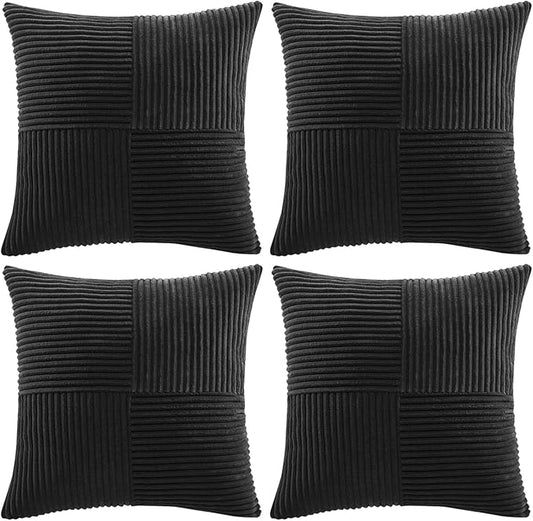 Fancy Homi 4 Packs Black Decorative Throw Pillow Covers 20x20 Inch for Living Room Couch Bed Sofa, Rustic Farmhouse Boho Home Decor, Soft Cross Corduroy Patchwork Accent Square Cushion Case 50x50 cm
