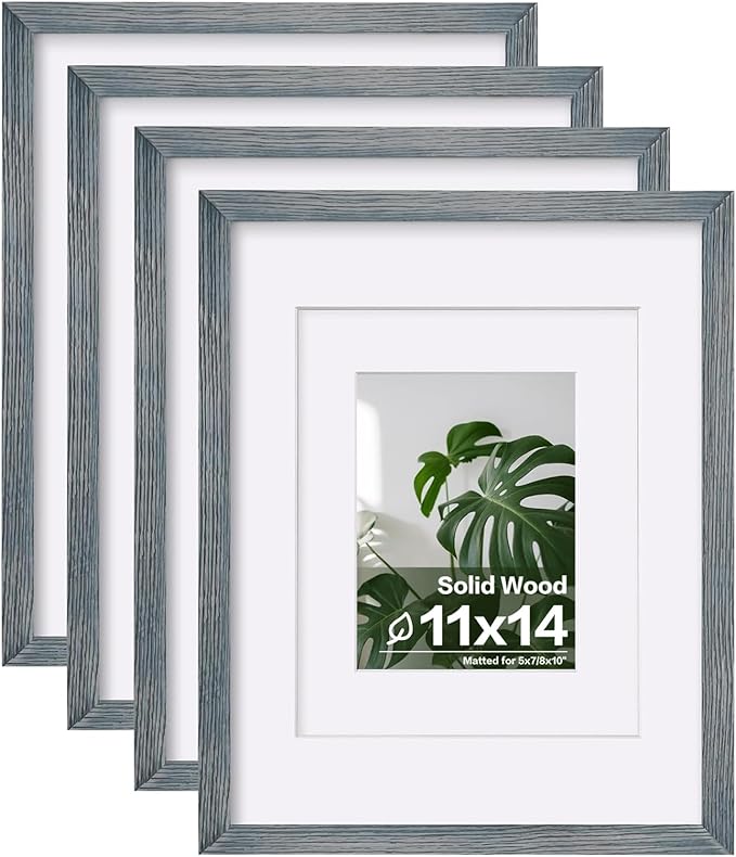 Egofine 11x14 Picture Frames Set of 4, Made of Solid Wood Covered by Plexiglass 5x7 and 8x10 with Mat or 11x14 without Mat, for Table Top Display and Wall Mounting Photo Frame Rustic Blue