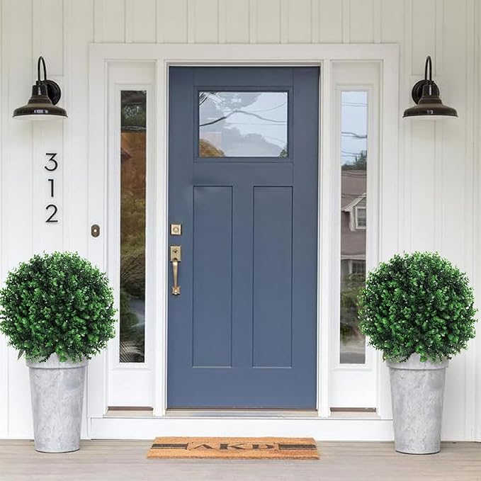 Artificial Green Boxwood Topiary Ball Bush for Outdoor with Spike, Set of 2 UV Resistant Faux Boxwood Ball Tree with Stake Weatherproof Fake Round Topiary Shrub Plant for Front Porch