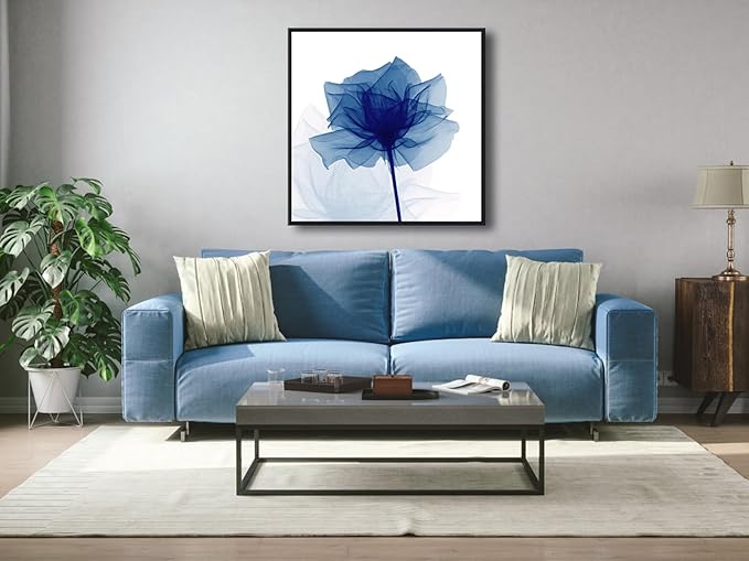 Pyradecor Large Black Framed Wall Art Blue Flickering Flower Canvas Prints Grace Floral Paintings Pictures Artwork for Bedroom Office Home Decorations