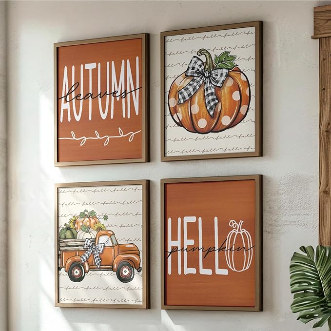 JXREQ Fall Decor Pumpkin Wall Art Hello Pumpkin Posters, Rustic Farmhouse Truck Autumn Leaves Wall Decor, Fall Art Prints for Harvest Thanksgiving Kitchen Bedroom Living Room, 8x10 Inch 4Pcs Unframed