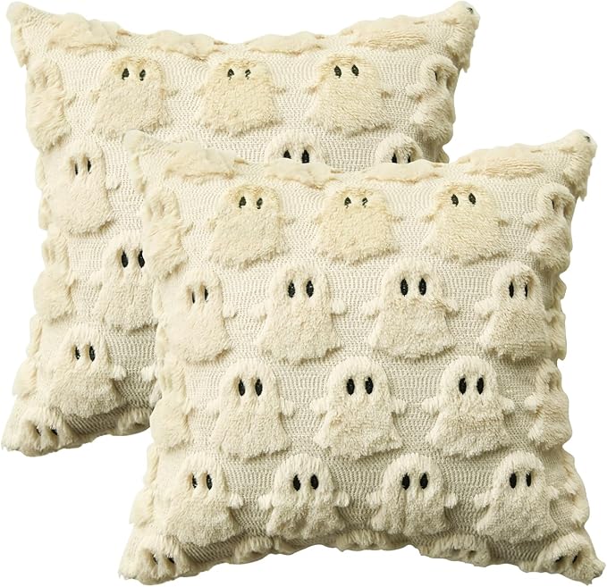AVOIN colorlife Halloween Ghost Beige Throw Pillow Cover Set of 2, 20 x 20 Inch Soft Plush Faux Fur Jacquard Spooky Cushion Case Decoration for Sofa Couch