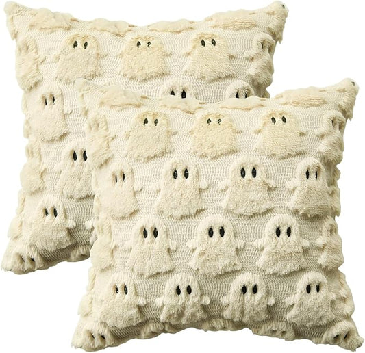 AVOIN colorlife Halloween Ghost Beige Throw Pillow Cover Set of 2, 20 x 20 Inch Soft Plush Faux Fur Jacquard Spooky Cushion Case Decoration for Sofa Couch