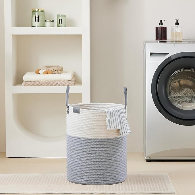 VIPOSCO Tall Laundry Basket, Large Dirty Clothes Hamper with Leather Handle, Woven Rope Storage Basket for Blanket, Toy In Living Room, Bathroom, Bedroom - 53L Grey & White