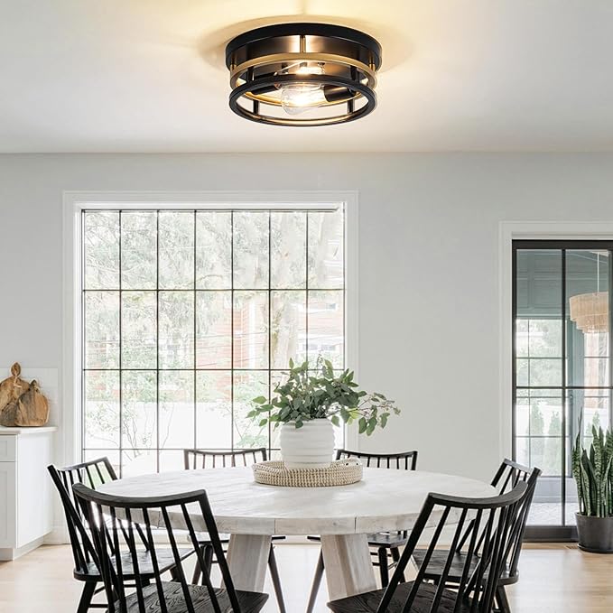 2 Light Industrial Ceiling Light Black Gold Semi Flush Mount Lights Close to Ceiling Light Fixtures,cage design Farmhouse Ceiling Lighting for Kitchen Bedroom Bathroom Foyer Hallway (E26, 2Pack)