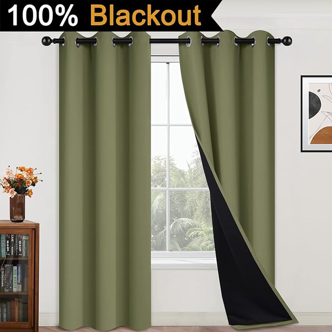 Yakamok 84 Inch Length 100% Blackout Curtains for Bedroom, 2 Thick Layers Thermal Insulated Grommet Total Blackout Drapes with Black Liner for Living Room(42Wx84L,Sage, 2 Panels)