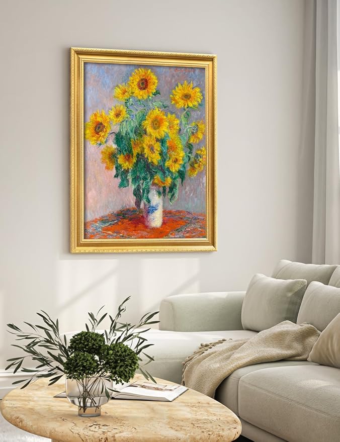 DECORARTS - Claude Monet Sunflowers Giclee Print with Gold Solid Wood Frame, Impressionist Large Framed Wall Art, Ready to Hang, Framed Size 28.75x34.75, Made in USA