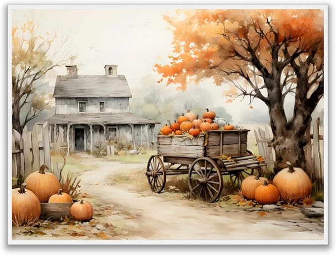 Generic Autumn Farmhouse Sketch posters Gallery Canvas Print Wall Art Vintage Farmhouse Decor Autumn Art Fall Landscape Pumpkin Decoration 12x16""Unframed
