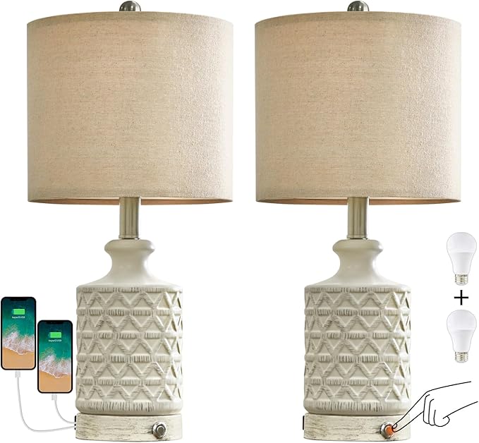 PoKat 20" Bedroom Lamps Set of 2, 3 Way Dimmable Farmhouse Table, Ceramic Nightstand Lamps for Living Room, Bedside Lamps for Bedroom End Table White