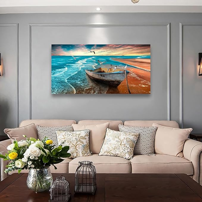 Beach Sunset Pictures Canvas Wall Art For Living Room Bedroom Wall Decor,Seascape Wall Art Print Paitnings For Home Decor,Morden Artwork Boat Canvas Art Waterproof Ready To Hang-24x48 Inches