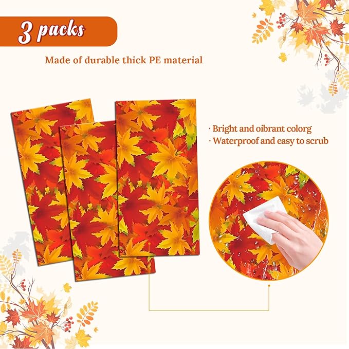 Thanksgiving Autumn Tablecloth 3-Piece Set 54x108 inches, Plastic Tablecloth, Disposable Rectangular Tablecloth for Holiday Dinner Decoration, Farmhouse Kitchen and Autumn Party Supplies