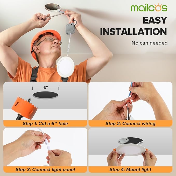 MAILCOS 6 Pack 6 Inch 5CCT Ultra-Thin LED Recessed Ceiling Light with Junction Box, 2700K-5000K Selectable, 1050LM High Brightness, Dimmable Canless Wafer Downlight, 12W 120V, ETL