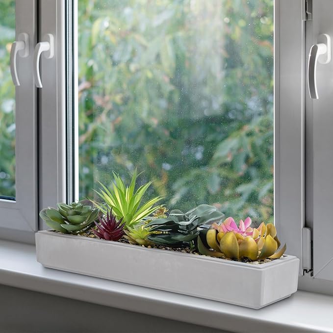 MyGift 15 Inch Mixed Color Assorted Artificial Succulent Plant Arrangement in Modern Gray Clay Planter Tray