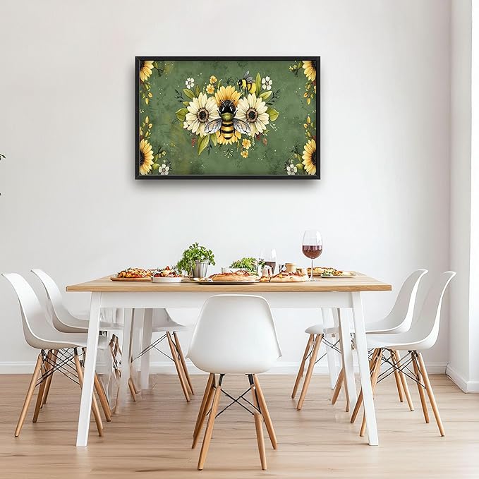 Flintis Large Bee Wall Art Bee Sunflower Pictures Wall Decor Abstract Animal Canvas Painting Print Artwork Decoration Framed for Living Room Bathroom Master Bedroom Office Dining Room 36L x 24W