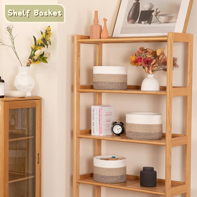 OIAHOMY Small Storage Baskets for Organizing,Closet Cube Shelf Storage, 9.8”×9.8”×7.1”, Woven Cotton Rope Gift Baskets for Nursery,Cute Dog Toy bins, Round 3 Packs, Gradient Brown