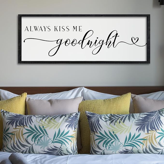 Surfapans Master Bedroom Above Bed Wall Decor 32"×12" Always Kiss Me Goodnight Sign Rustic Farmhouse Couples Over Bed Romantic Love Quotes Modern Large Wood Frame Horizontal Wall Hanging Art (Black
