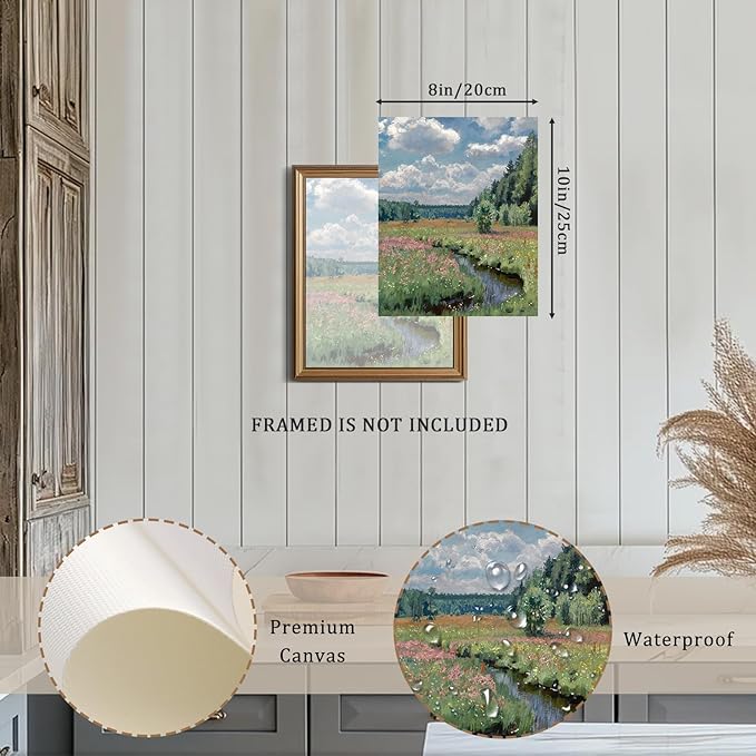 RETRART Vintage French Wall Art, Wildflower Landscape Painting Art - French Cottage Living Room Wall Decor - 8" x 10" Unframed Canvas Prints for Bedroom Living Room Bathroom Spring Landscape