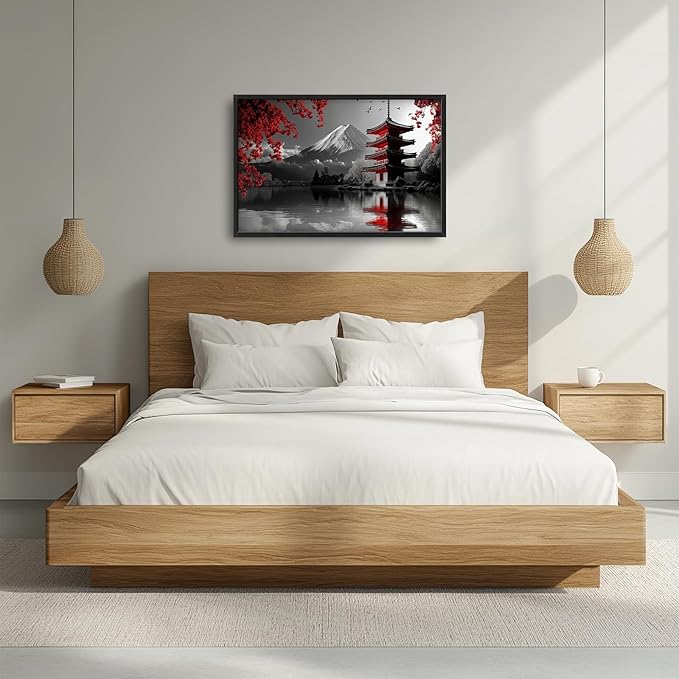 Olivine Japan Large Wall Art, Black And White Pictures Wall Decor, Landscape Paintings, Mountain Canvas Prints, Framed Artwork for Dining Room Bedroom Living Room Office Bathroom 36"x24"