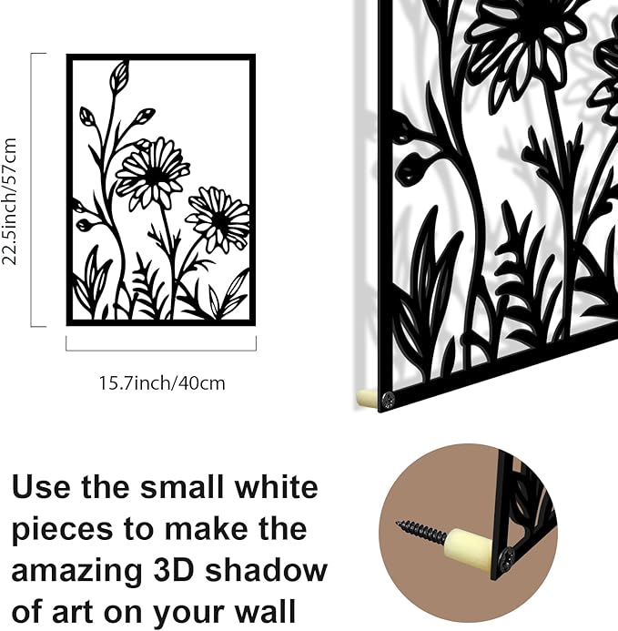 Glamativity 4 Pcs Black Abstract Flowers Metal Wall Art, Minimalist Floral Single Line Wall Décor, 3D Textured Sculptures, Rustic Nature Wall Art Décor for Living Room, Bedroom, Study (L Size 22.5x15.7'')