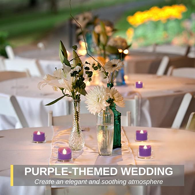 Homemory Purple Tea Lights Candles Battery Operated, 200+Hour Flameless Flickering Fake Electric LED Colored Tealights Candles for Party, Wedding, Halloween, Mardi Gras, Holiday Decor, 24-Pack