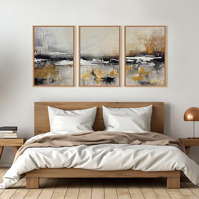 HOURIA Abstract Neutral Brown Tan Canvas Framed Wall Art Set,Textured Grunge Beige Wall Decor,Minimalist Black White Brush Stroke Artwork,Pastel Minimal Zen Print for Living Room,Bedroom-16 x24 x3