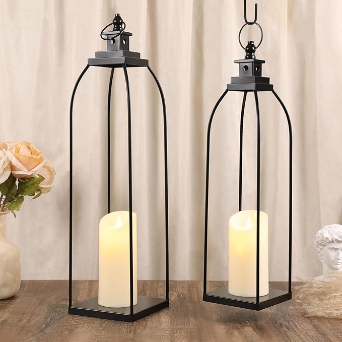 19'' 22'' Decorative Candle Lanterns, Large Farmhouse Decorative Metal Lanterns with 2 Flameless Candles, Black Candle Lanterns for Home Porch Fireplace Decor & Indoor and Outdoor Use