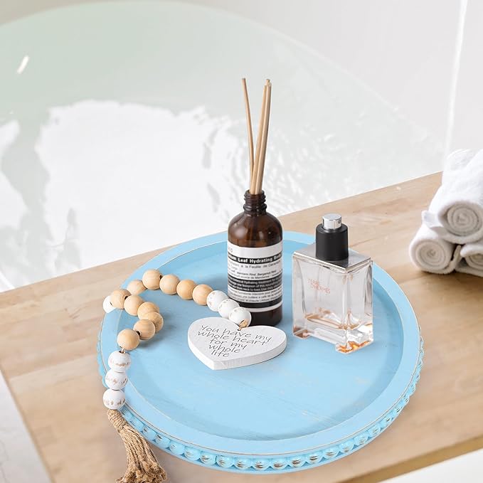 HPC Decor 12in Round Blue Wood Beaded Tray - Decorative Living Room, Coffee Table, Kitchen Table, Dining Room or Farmhouse Serving Tray