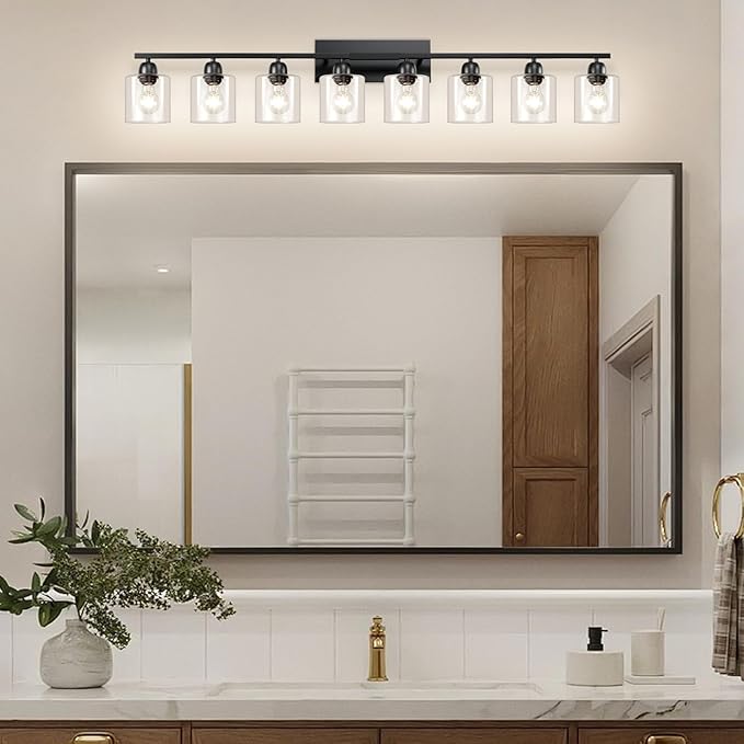 8 Light Black Bathroom Light Fixtures Over Mirror, Modern Bathroom Lighting with Clear Glass,51 inch Lights for Vanity for Oversized Mirrors, E26 Base