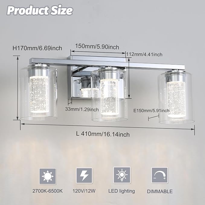 3 Light Chrome Bathroom Light Fixture, Dimmable 5CCT Chrome Bathroom Vanity Lights, 2700K-6500K Modern Crystal Bubble LED Wall Sconce Over Mirror with Clear Glass for Bedroom, Living Room