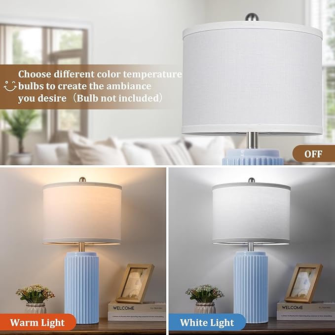 23.5’’ Sky Blue Farmhouse Table Lamps for Living Room Set of 2, Modern Elegant Ceramic Bedside Nightstand Lamps with White Linen Shade for Bedroom, Coastal Lamps Set for Study Home Office