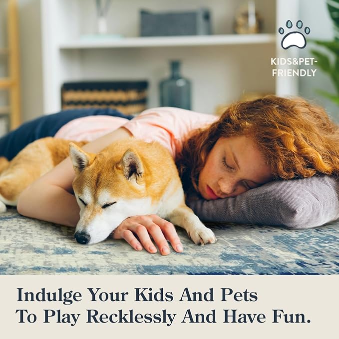 Lahome Washable Round Rug 5Ft, Blue Modern Abstract 5x5 Circle Rugs for Living Room Bedroom, Soft Contemporary Large Indoor Carpet for Kitchen Apartment Basement Home Office