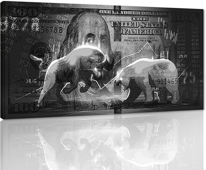Wall Street Charging Bull Bear Canvas Paintings 100 Dollar Bill Money Poster Wall Art Picture Office Wooden Framed Easy and Ready to Hang-32 inch x 16 inch