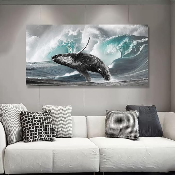 Surging Waves Whale Pictures Canvas Wall Art For Living Room Bedroom Wall Decor,Surge Wall Art Print Paitnings for Home Decor,Morden Artwork Seascape Canvas Art Waterproof Ready to Hang-20X40Inches