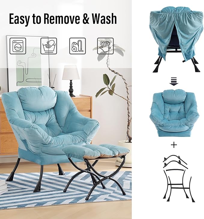 Lazy Chair with Ottoman, Modern Chair with Folding Footrest, Lounge Accent Chair, Comfortable Reading Chair (Velvet Light Blue