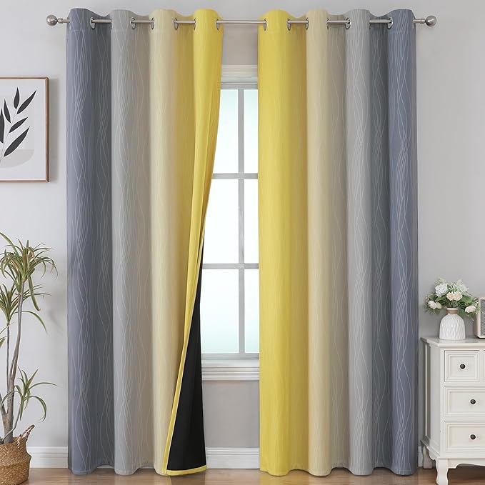 Estelar Textiler Yellow and Grey Ombre Blackout Curtains 90 Inch Length 2 Panels Set, Thermal Insulated Drapes for Bedroom, Full Room Darkening Grommet Gradient Curtains for Living Room,52Wx90L