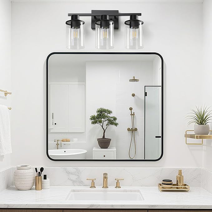 LOUSACE 3 Light Bathroom Vanity Light, Matte Black Bathroom Light Fixtures, Modern Bathroom Lights Over Mirror with Clear Glass Shade, Wall Sconce Lighting for Bedroom Living Room