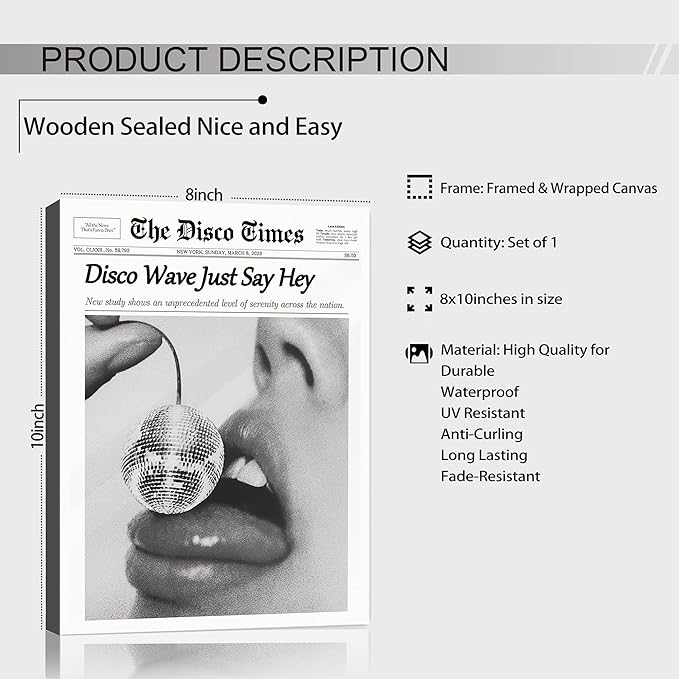 Trendy Disco NewsPaper Wall Art Prints Canvas Wall Art Prints Cherry Disco Ball Headline Poster Black and White Posters Funky Aesthetic Canvas Prints Magazine Art Dorm Living Room Home Décor 8x10in