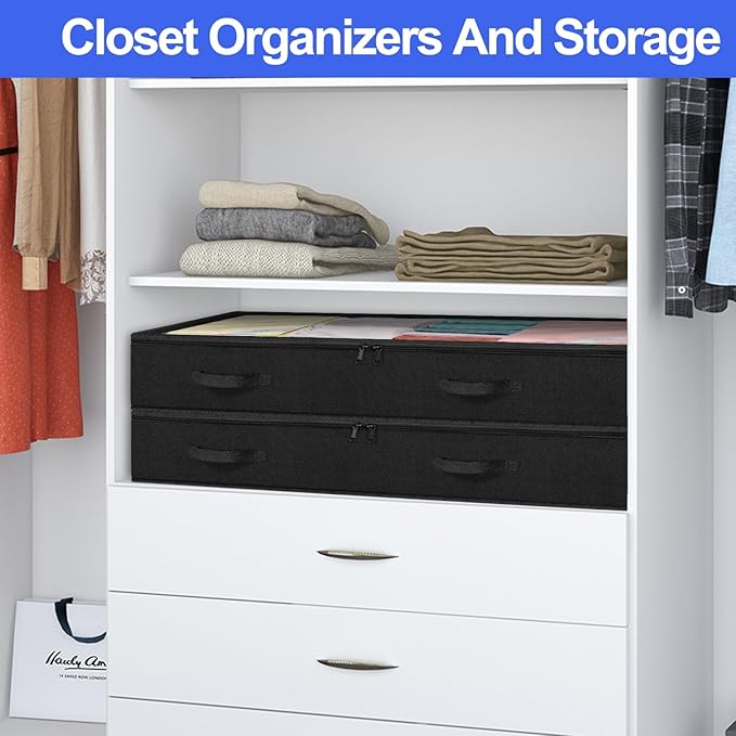 punemi 100L Jumbo Under Bed Storage Containers (No Support) - 2-Pack Collapsible Storage Bins with Clear Lids & Sturdy Handles, 7.5in Tall, for Off-Season Winter Clothes, Black