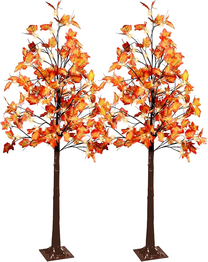 2 Pack 6FT 240LED Fall Lighted Maple Orange Tree Lights Thanksgiving Decoration Artificial Tree Lights USB Powered DIY Table Light for Desktop Autumn Harvest Party Indoor Ourdoor Decor