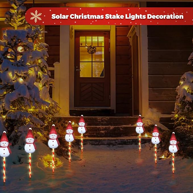 Set of 3 Snowman Solar Christmas Decorations, 8 Modes Solar Garden Lights, Candy Cane Christmas Stake Light, Outdoor Xmas Decor for Yard, Patio, Pathway (White)
