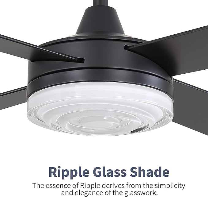 WINGBO 52 Inch Ceiling Fan with Lights and Remote, 3CCT, Modern Ceiling Fan with Ripple Glass Shade, 6-Speed Reversible DC Motor for Bedroom Living Room Kitchen Hallway, Matte Black