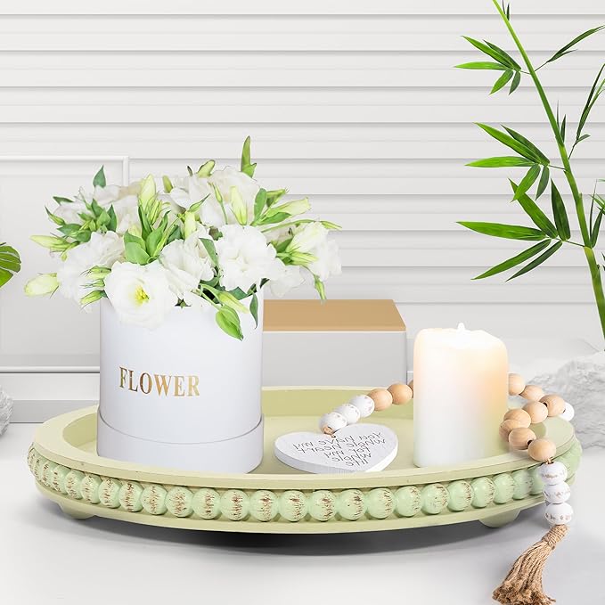 HPC Decor 12in Round Mint Green Wood Beaded Tray - Decorative Living Room, Coffee Table, Kitchen Table, Dining Room or Farmhouse Serving Tray