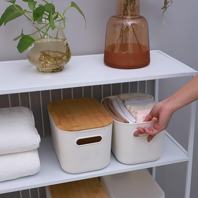 Citylife 2 PCS Storage Bins with Bamboo Lids Plastic Storage Containers for Organizing Stackable Storage Box with Handle, 10.23 x 7.08 x 6.3 inch