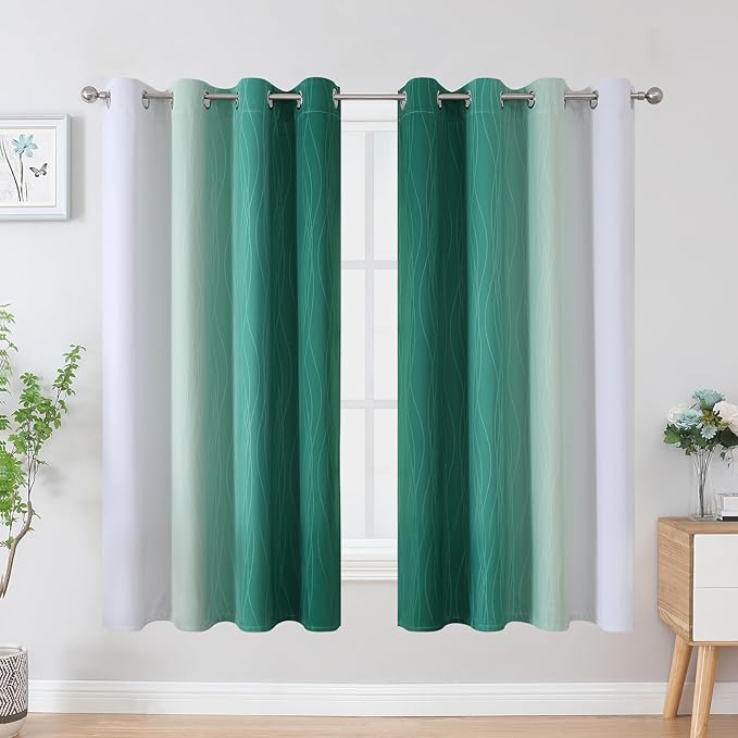 Estelar Textiler Green and Greyish White Blackout Curtains for Kids Room, Full Room Darkening Grommet Ombre Curtains for Bedroom, Thermal Insulated Light Blocking Gradient Drapes, 52Wx63L, 2 Panels