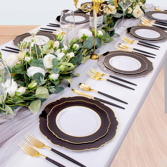 WDF 30Guest Black and Gold Plastic Plates - New Year Plates - Gold Plastic Silverware With Black Handle Baroque Black and Gold Disposable Dinnerware for Halloween & New Year &Parties